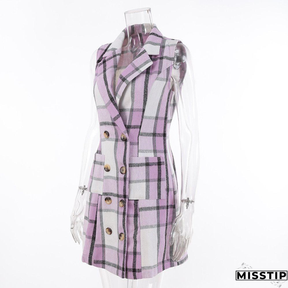 Women's Fashion Plaid Long Vest Turndown Collar Sleeveless Blazer
