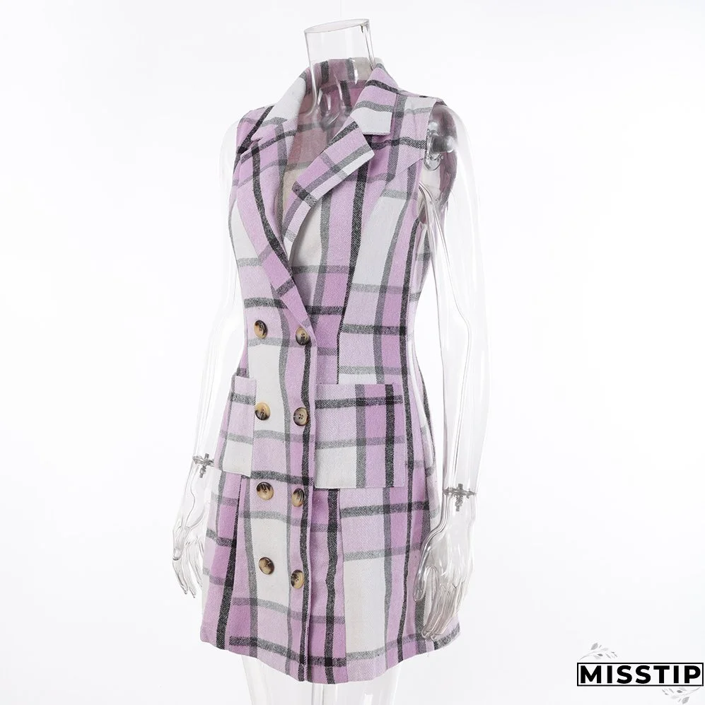 Women's Fashion Plaid Long Vest Turndown Collar Sleeveless Blazer