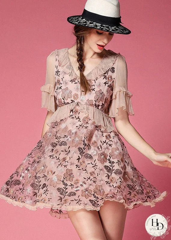 Pink Patchwork Tulle Mini Dress V Neck Ruffled Embroideried Short Sleeve