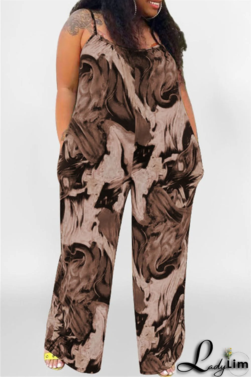 Coffee Sexy Casual Print Backless Spaghetti Strap Plus Size Jumpsuits