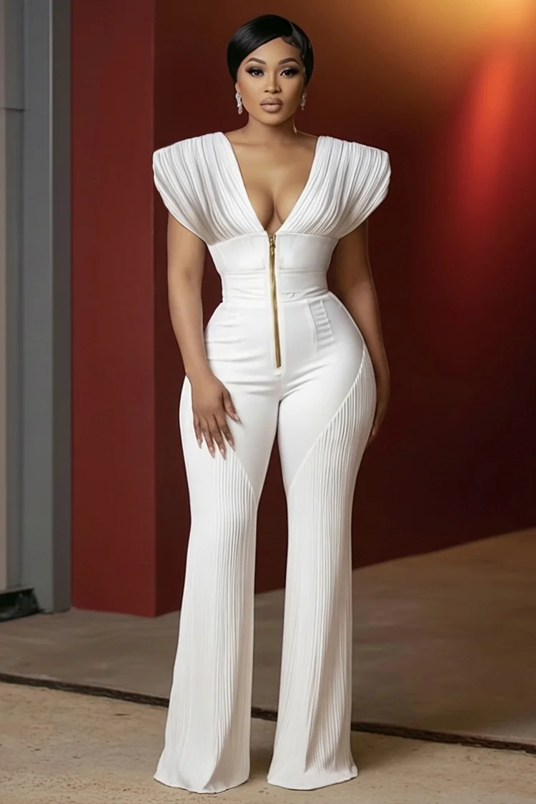 Deep V Neck Sleeveless Cinch Waist Slim Fit Casual Jumpsuit-White