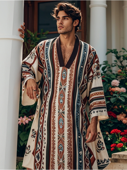 Ethnic Printed V-neck Men Kaftan Long Caftan