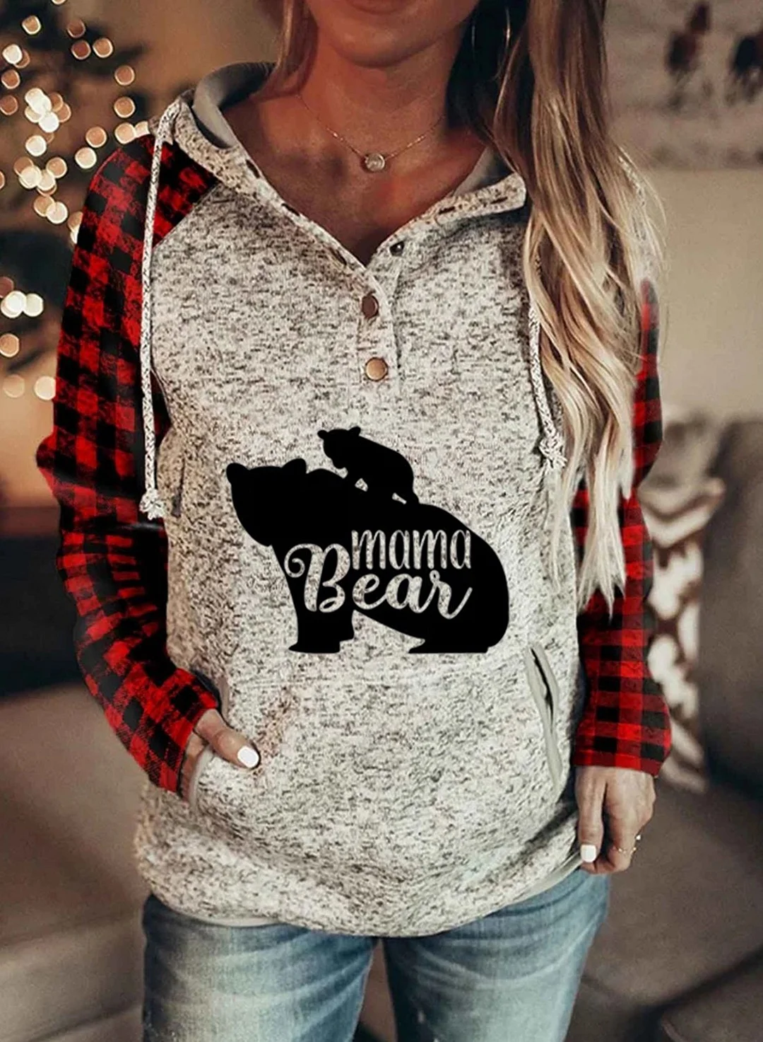 Mama Bear Lovely Print Plaid Long Sleeve Hoodies Women's Pocketed Hooded Sweatshirts-PastoralHome-Allyzone