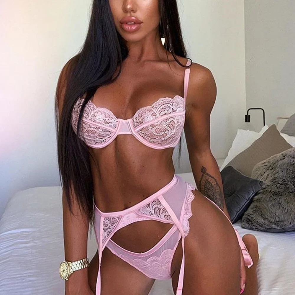 Sexy Lace Underwear Sets Women Pink Push Up Lingerie Bra & Brief Sets Bralette and Panties 2020 3 Piece Sets