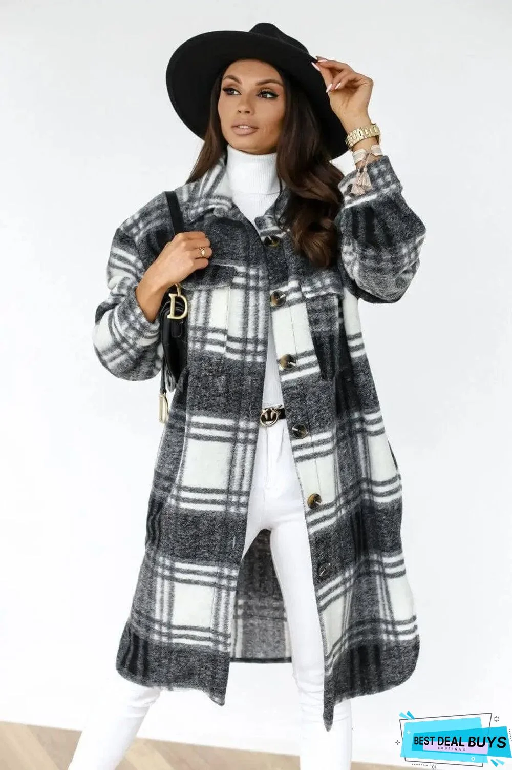 Women's Long-sleeved Plaid Print Mid-length Shirt Jacket