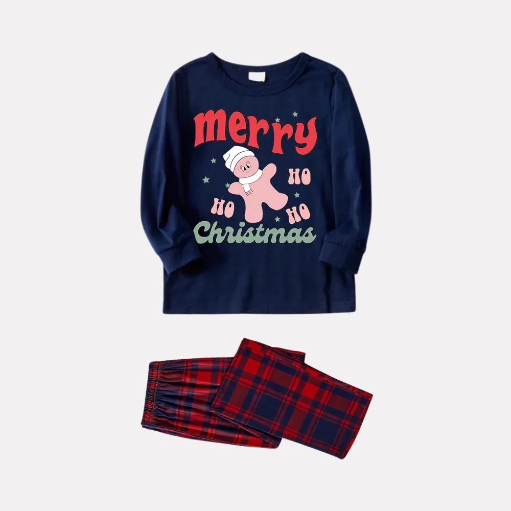 Merry Christmas Cute Cartoon Prints 2024 Blue Long Sleeve Top with Blue & Red Plaid Family Matching Pajamas