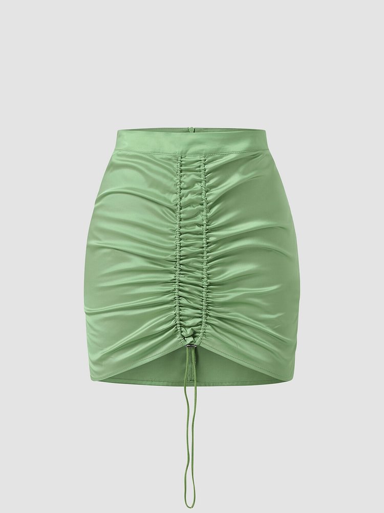 Drawstring Front Solid Invisible Zip Back Mini Skirt