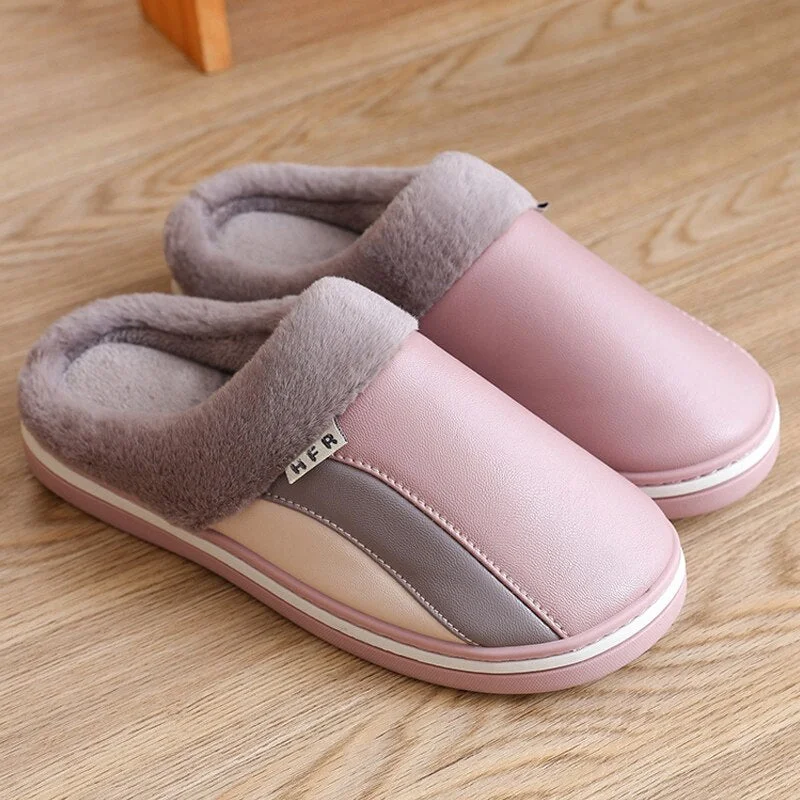 Ladies Slippers for Home Waterproof Indoor Shoes Women High Quality Warm Winter Slippers Men Plush Memory Foam Soft PU