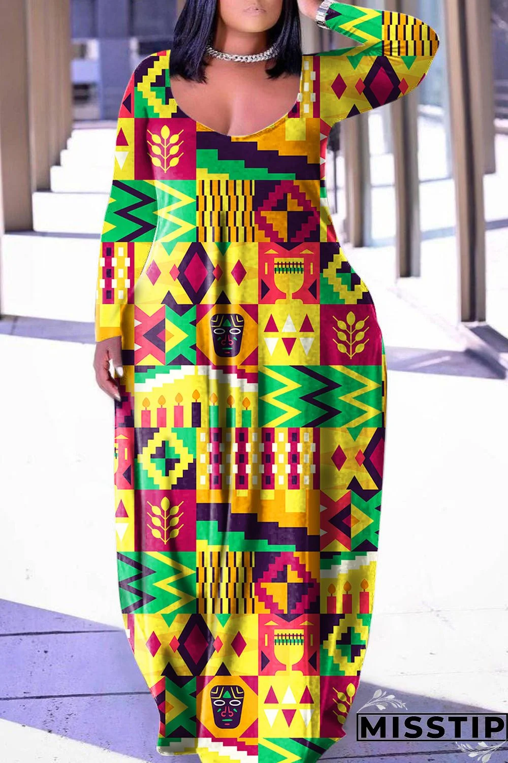 Grey Casual Print Basic V Neck Long Sleeve Dresses