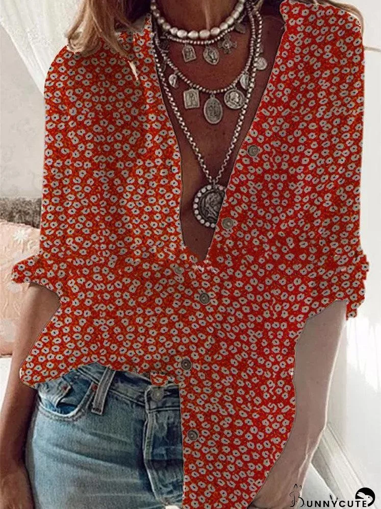 Blouses Loose Printed V-Neck Long Sleeve Blouses for Women