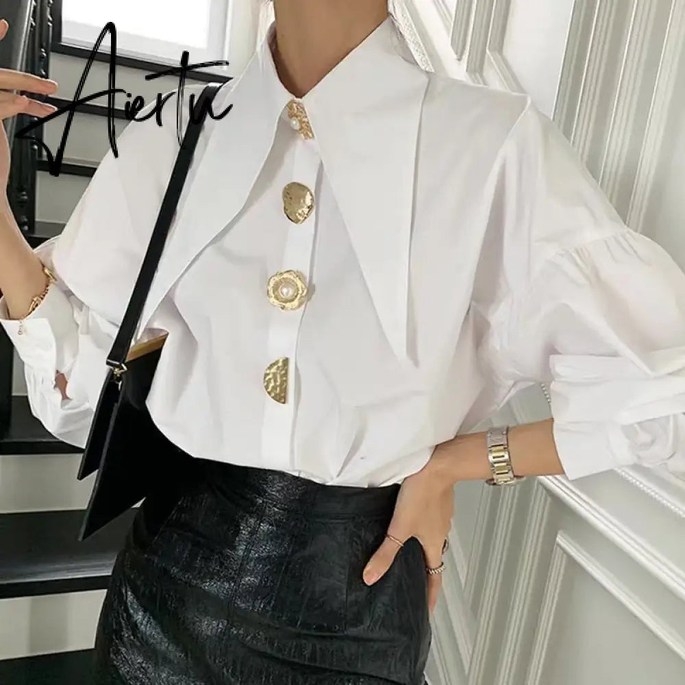 Women Shirts French Vintage Blouse White Spring Button Up Shirt Pointed Collar Long Puff Sleeve Pearl Button Solid Tops Aiertu