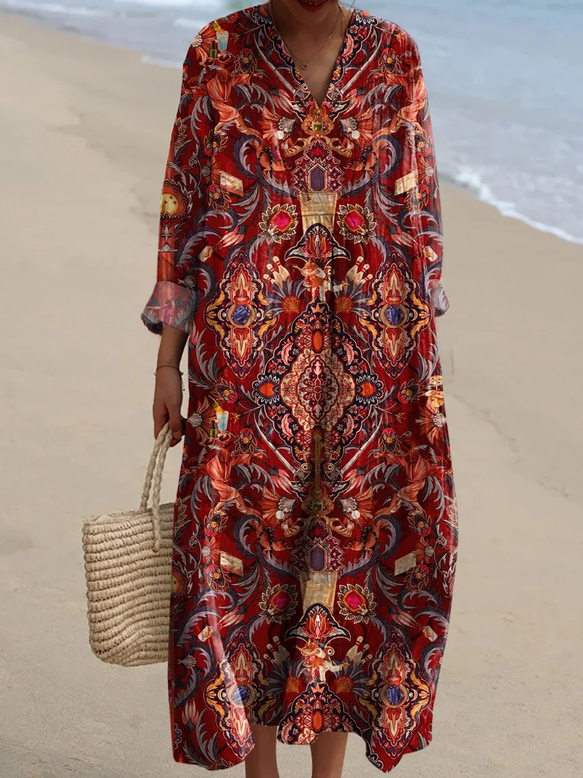 Women's Vintage Ethnic Floral Art Print Casual Cotton Dress