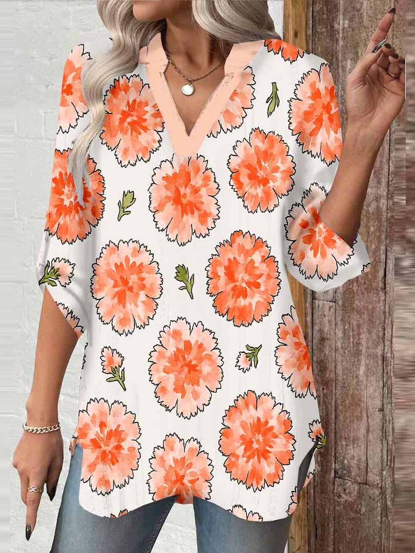 Women Floral, Orange DZGA0187 3/4 Sleeve V-neck Printed Graphic Button Tops