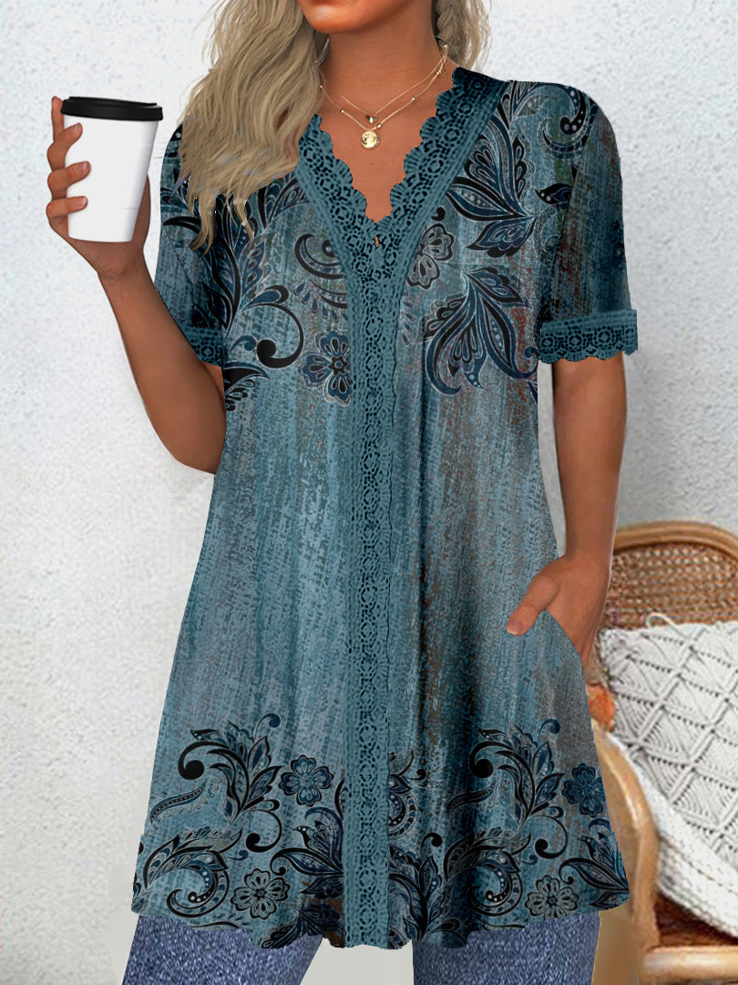 Women Long Sleeve V-neck Graphic Floral Printed Top