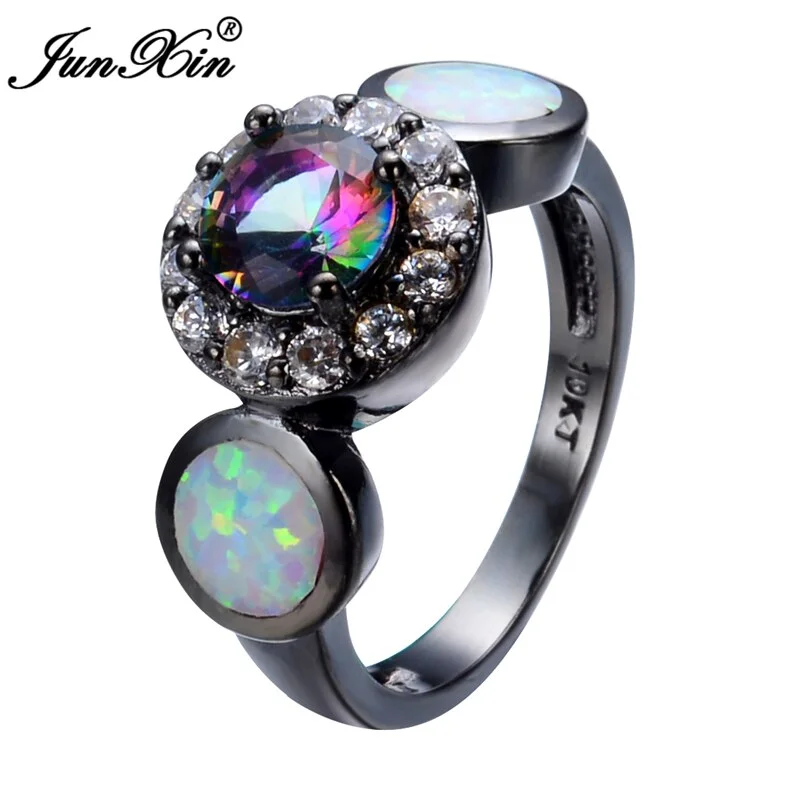 Rainbow Round Female Opal Ring 2017 Black Gold Filled Jewelry Natural Stone Wedding Rings For Men And Women Bijoux Anel RB0306