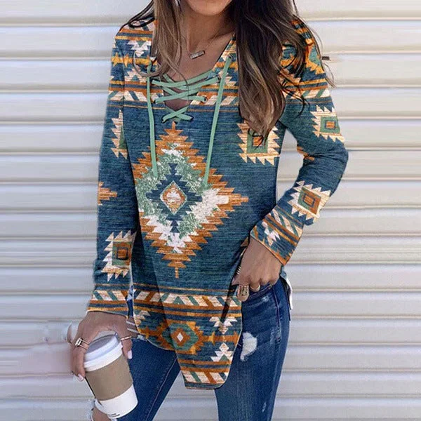 Uveng V-neck Lace Printing Printed Long Sleeve Women's Pullover