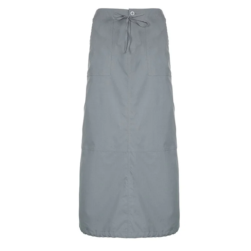 Sweetown Low Waist Casual Loose Size Pockets Streetwear Cargo Long Skirts Womens Drawstring Hem Split Design Preppy Bottoms