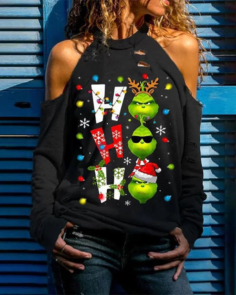 Cold Shoulder Christmas Print Sweatshirt P5191996148
