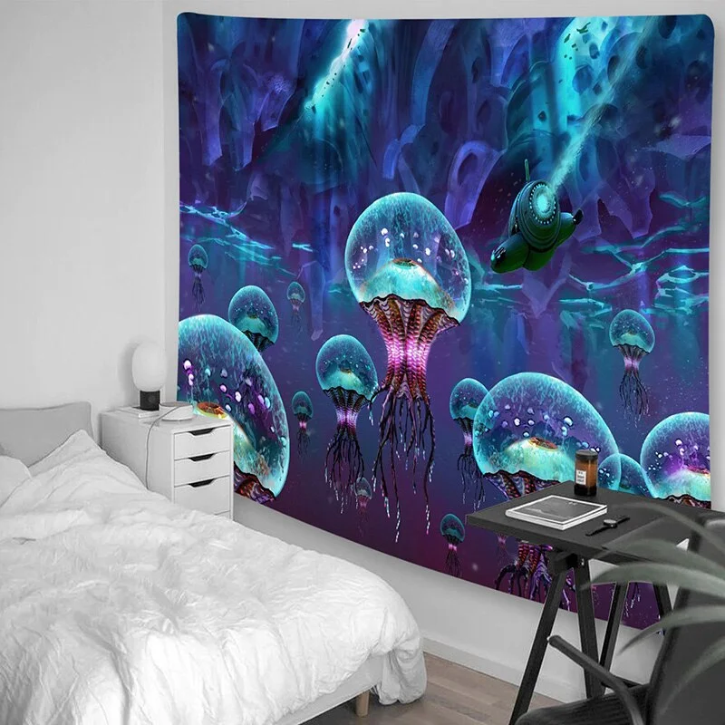 3m*1.8m Fluorescent Tapestry Psychedelic Mushroom Jellyfish Hanging Cloth Home Wall Decoration Glow Under Ultraviolet Light