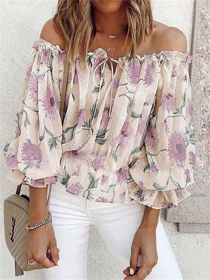 Summer Elastic Lacing A Neck Strapless Chiffon Shirt Loose Type Comfortable Leisure Bubble Sleeve Printed Chiffon Shirt Female