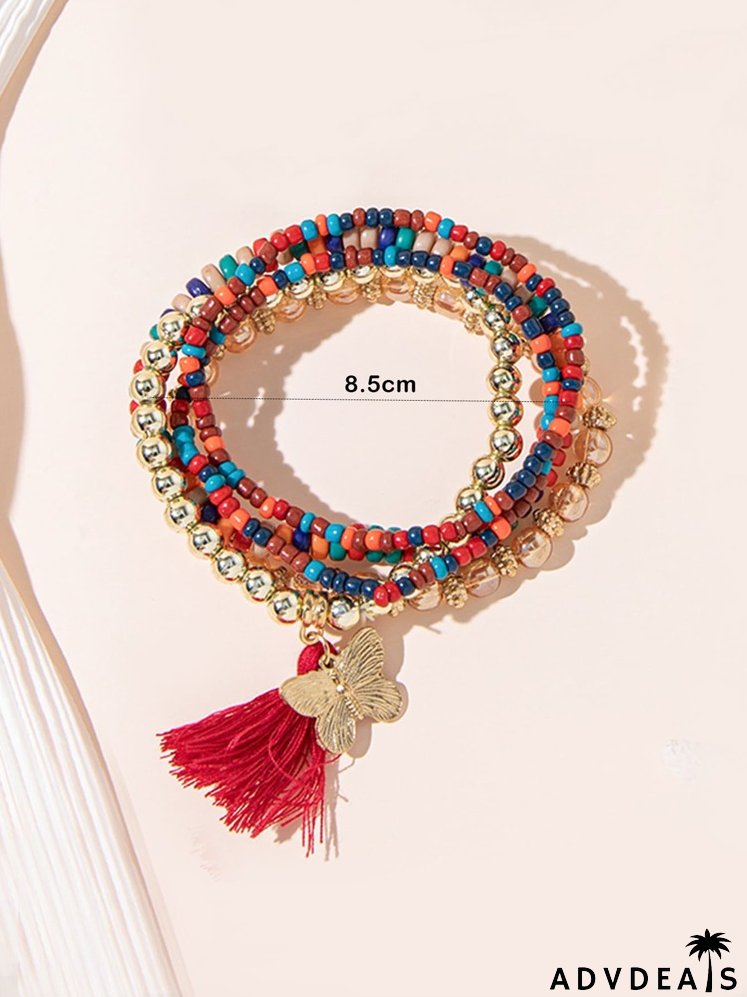 5pcs Butterfly & Tassel Charm Beaded Bracelet