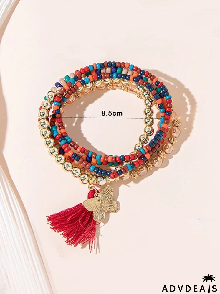 5pcs Butterfly & Tassel Charm Beaded Bracelet