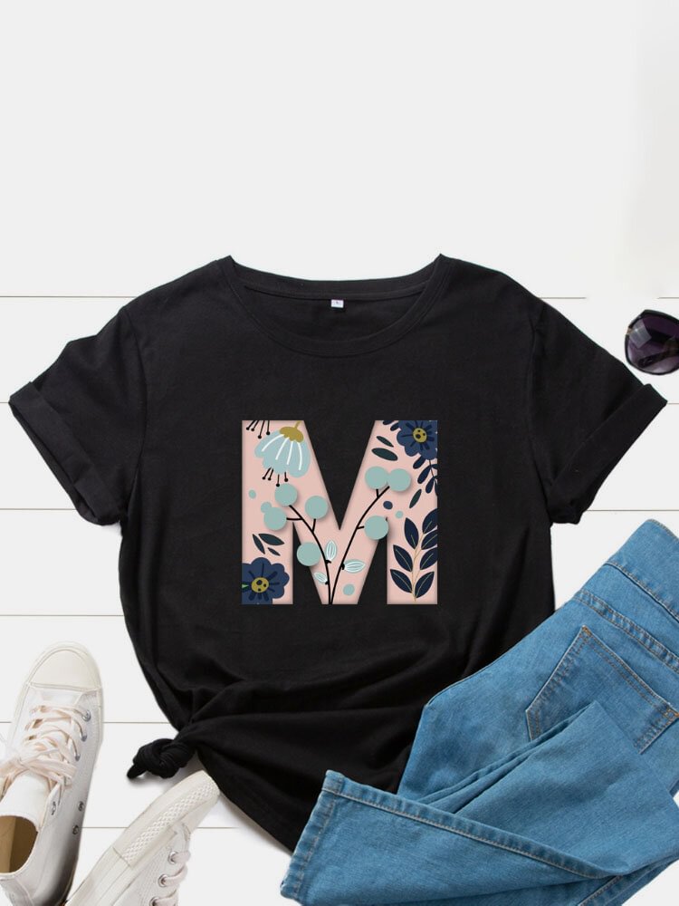 Leaf Letter Print Cotton Short Sleeve O neck T Shirt for Women P1847637