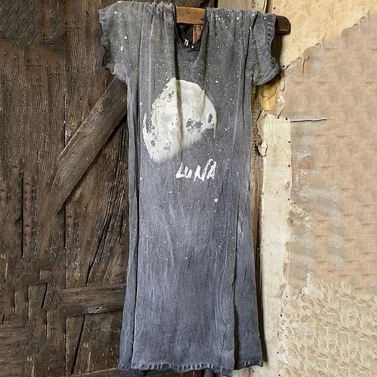 Retro Tie-Dye Moon Print Crew Neck Short-Sleeved Midi Dress