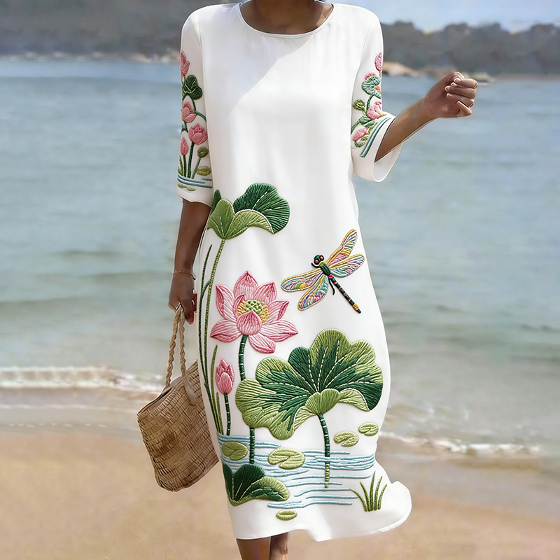 Comstylish Vintage Lotus And Dragonfly Art Pattern Linen Blend Loose Three-quarter Sleeve Dress
