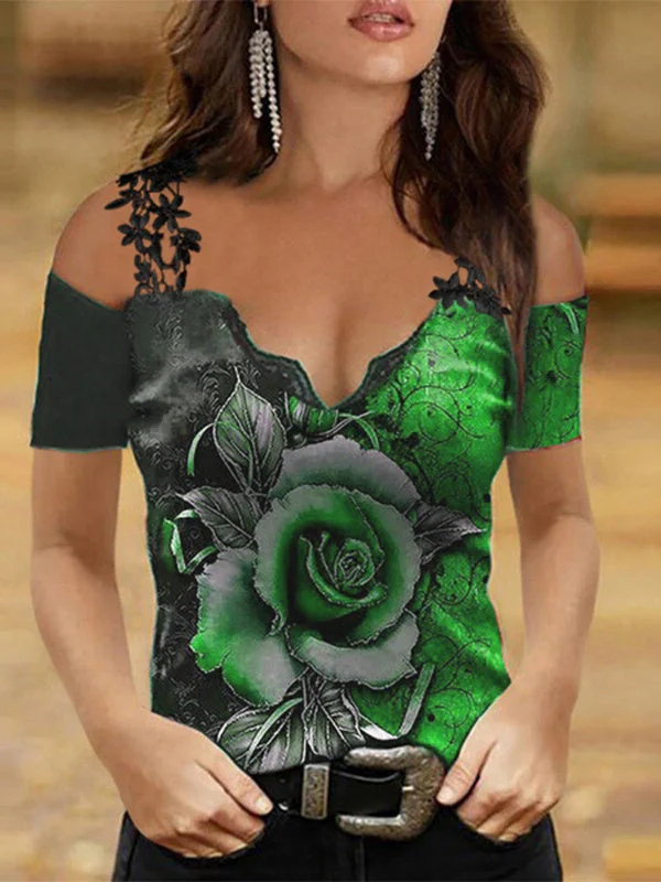 Women's Short Sleeve V-neck Cold Shoulder Floral Printed Top