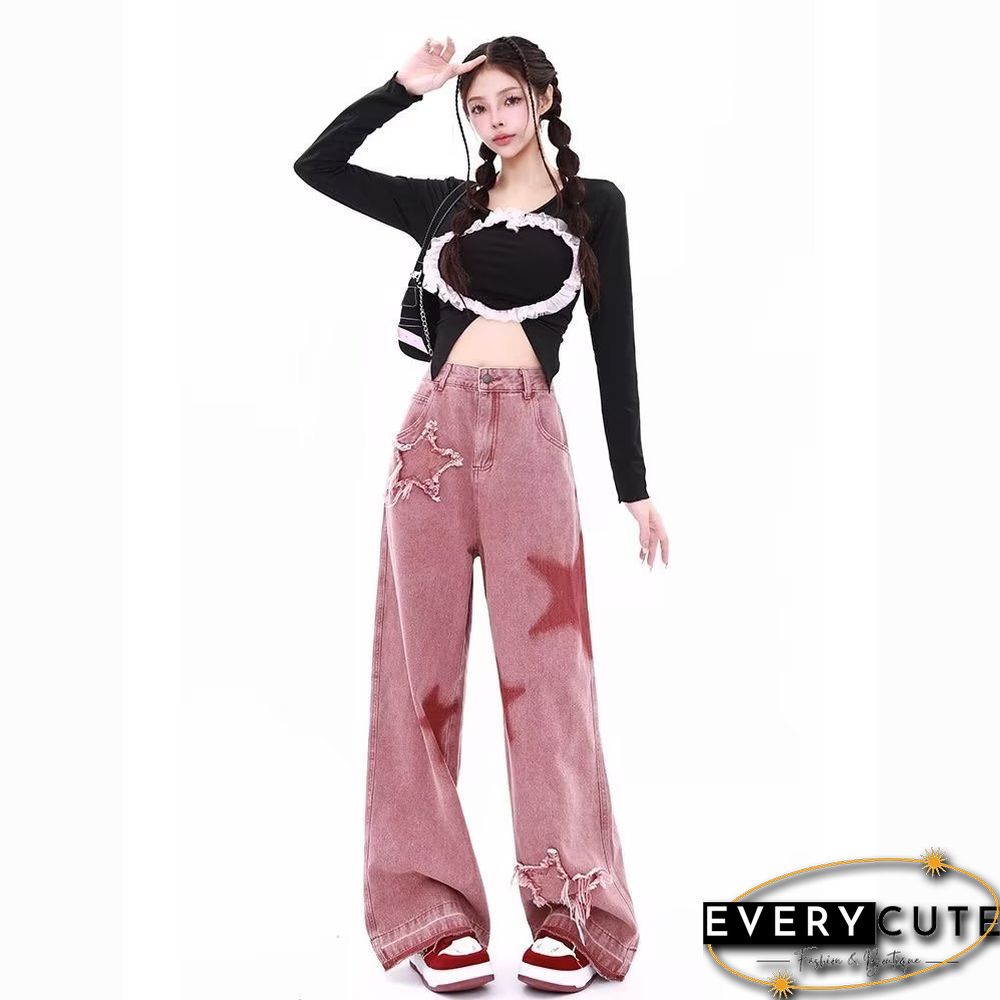 Pink High Waist Ripped Straight Leg Pocket Jeans