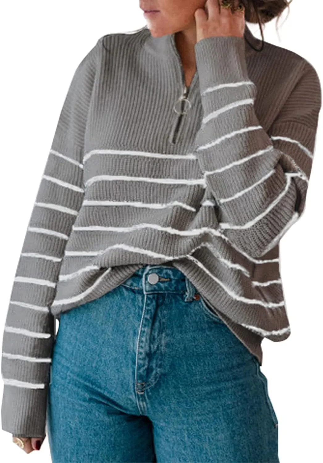 Wongn Wongn And Winter Women's Sweater Fashion Women's Long Sleeve Knit Zip Striped Pulper