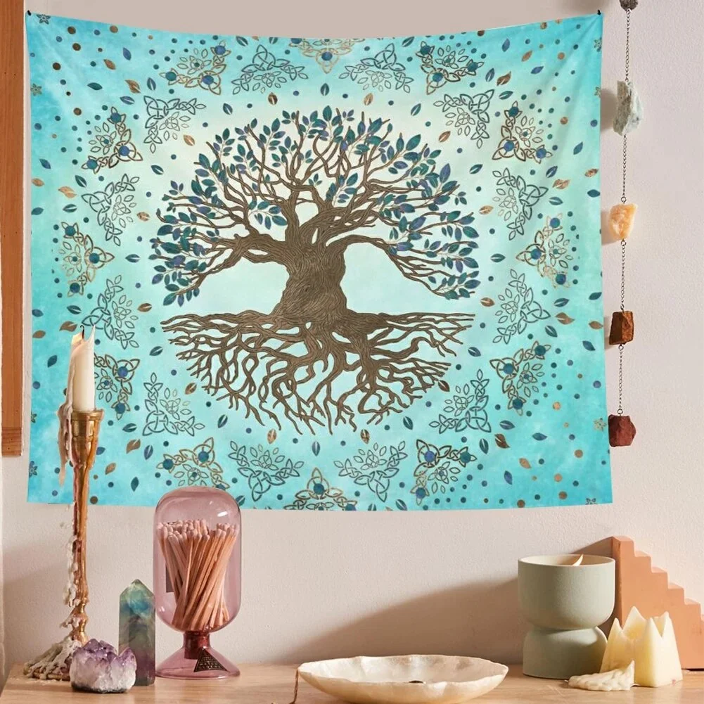 Life Tree Tapestry Psychedelic Blue Teal Wall Covering Mandala Home Decor Wall Blanket Tapestry Bohemian Bedroom Wall Hanging
