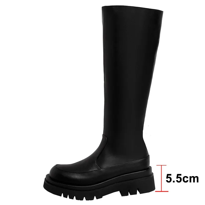 Meotina Women Knee High Riding Boots Platform Flat Shoes Fashion Round Toe Zipper Ladies Long Boots Autumn Winter 33-43 Beige