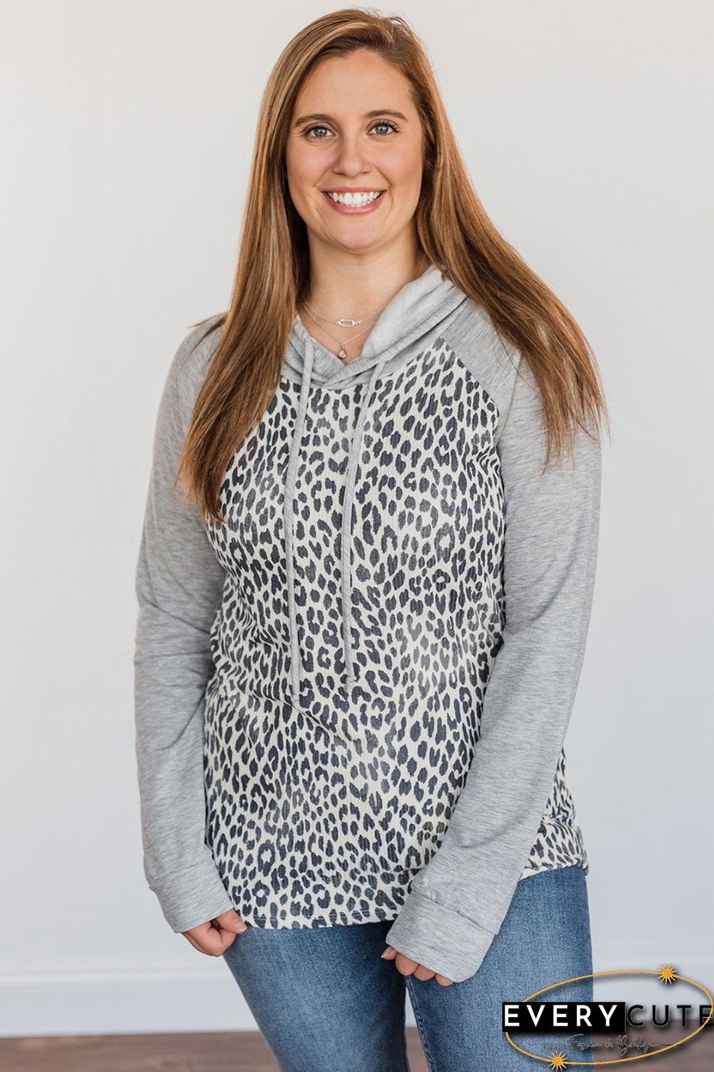 Plus Leopard Contrast Hood Long Sleeve Hoodie