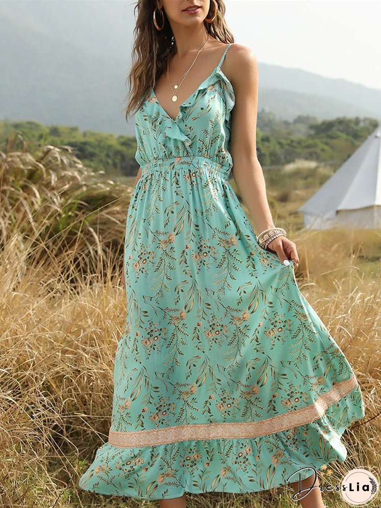 Bohemian Wind Printed Flounced V-neck Suspender Dress