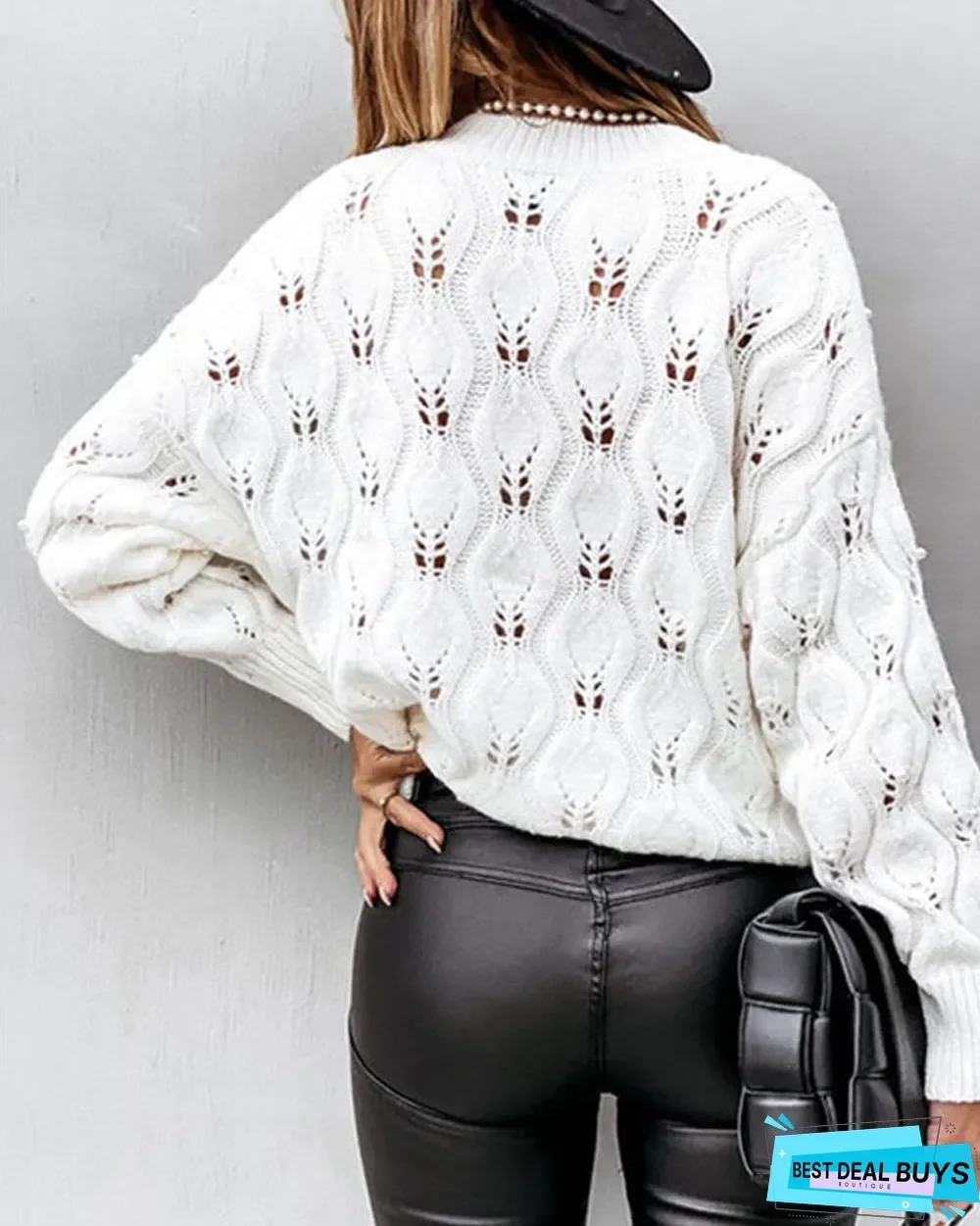 Pearls Decor Drop Shoulder Open Knit Sweater