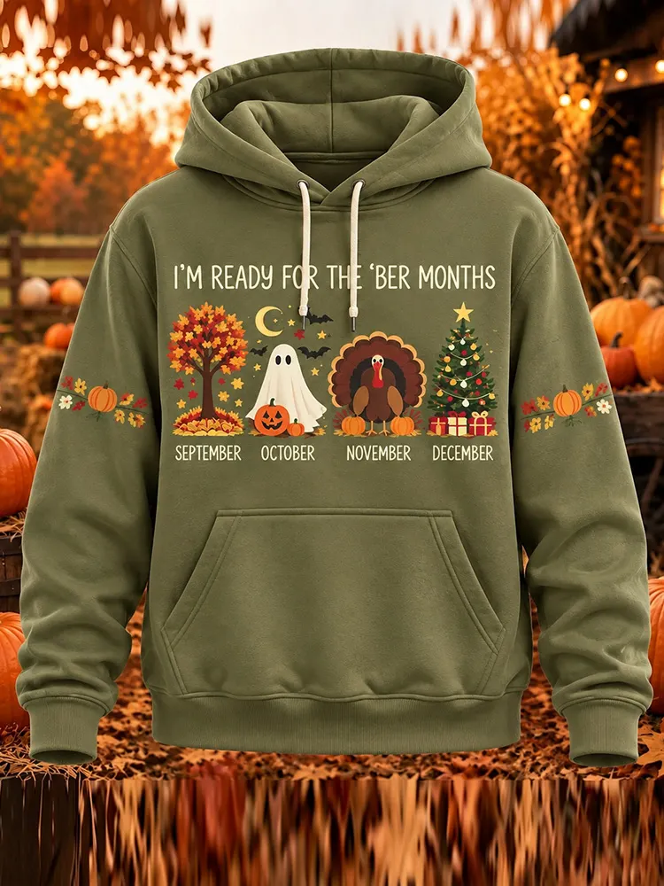 Comstylish Women's I'm Ready For The Ber Months Fall Pumpkin Turkey Snowman Print Pocket Hoodie