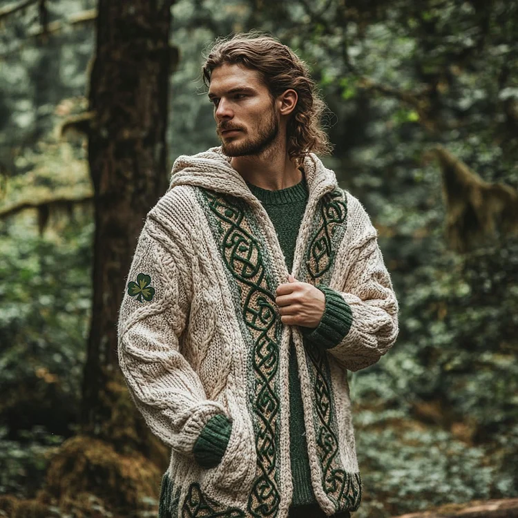 VChics Men's Ireland Celtic Knot Shamrock Zipper Hooded Cardigan