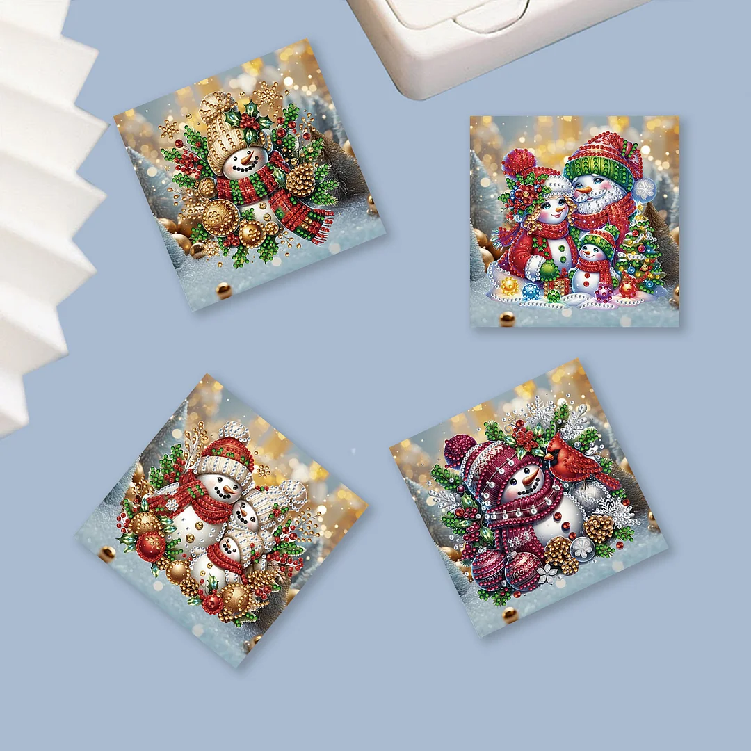 6pcs DIY Christmas Snowman DIY Diamond Painting Greeting Card for Friends Family Gift【With White Envelope】