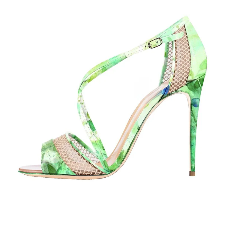 Green Floral Cross-over Stiletto Sandals Vdcoo