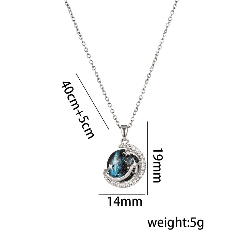 Titanium Steel 18K Gold Plated Casual Minimalist Inlay Star Moon Planet Moonstone Zircon Pendant Necklace
