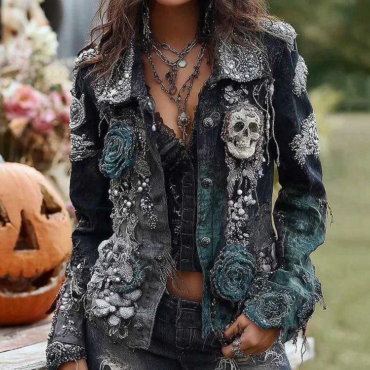 Rose Skull Embroidered Gothic Rough-contrast Denim Jacket