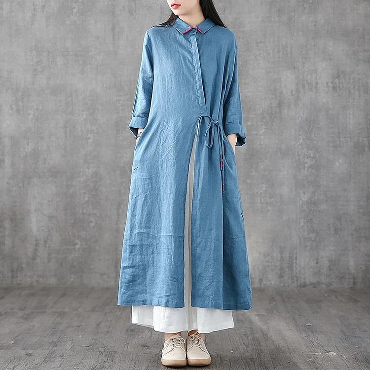 Italian blue linen Robes lapel drawstring Traveling Dress