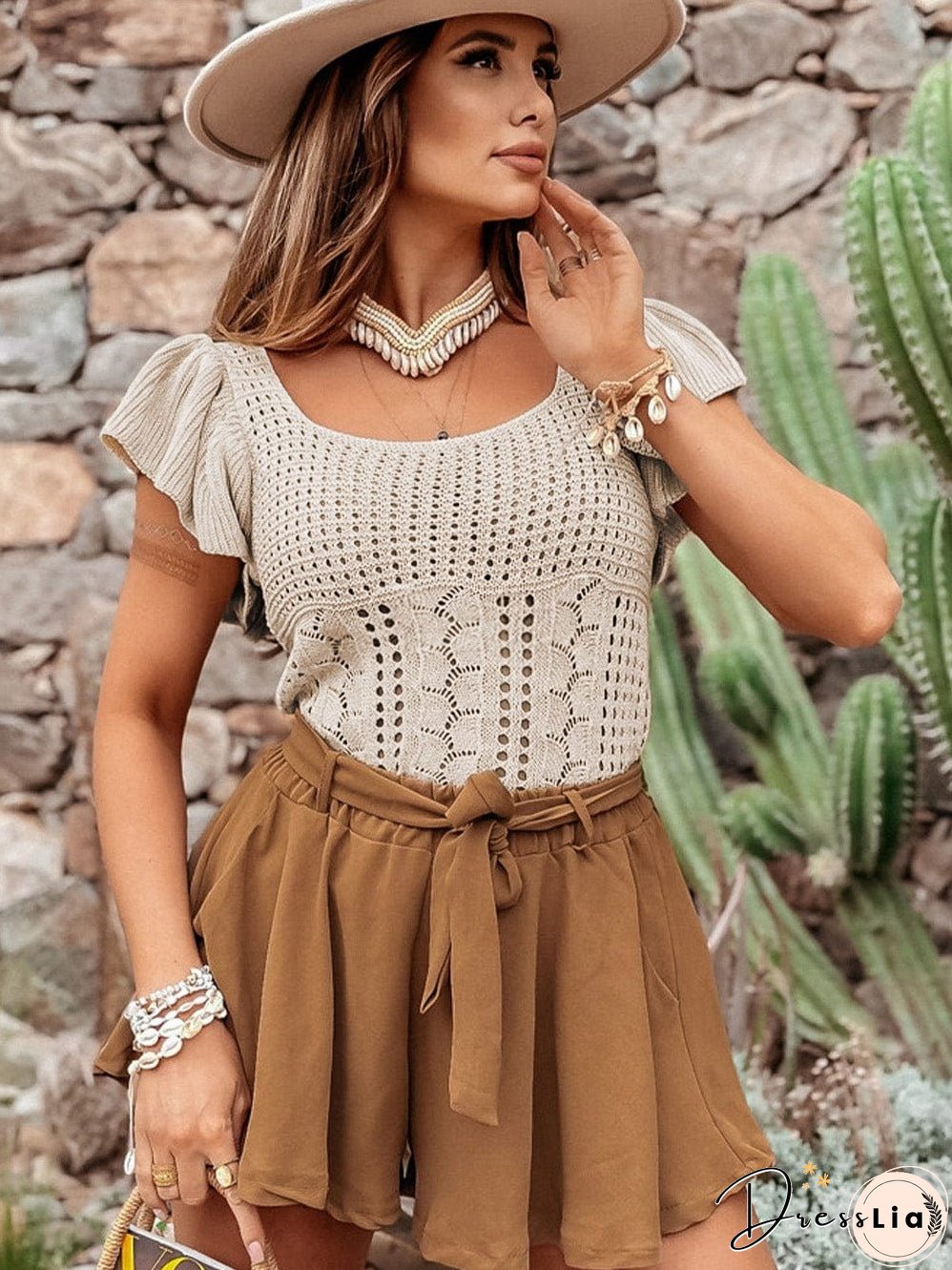 Beige Pointelle Knit Ruffle Sleeve Sweater for Chic Summer Styling