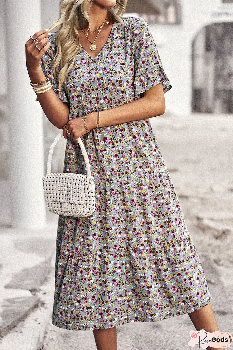 Floral Print Fit Ruffle Sleeve Midi Dress