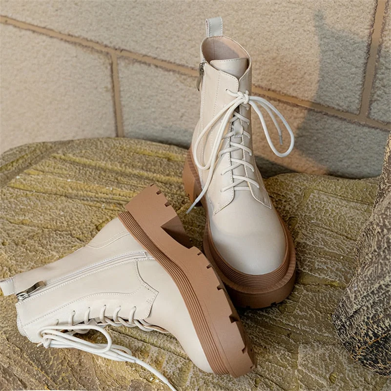 Meotina Women Shoes Genuine Leather Motorcycle Boots Thick Med Heel Boots Round Toe Zipper Lady Footwear Autumn Winter 40 Beige