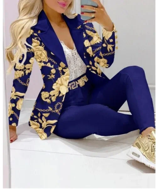 Nigikala Stripe Print Suit Coat Pants Set Office Lady Fashion Elegant Long Sleeve Top Trousers Two Piece Set Women Outfit 2023