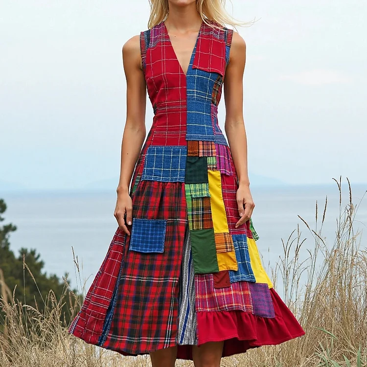 VChics Vintage Scottish Tartan Patchwork V-neck Sleeveless Midi Dress