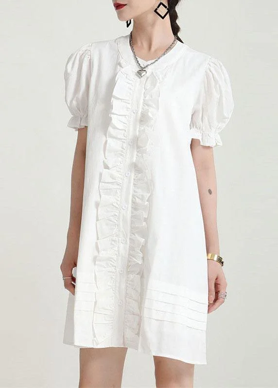 Modern White Puff Sleeve Button Summer Ruffled Dress Short Sleeve